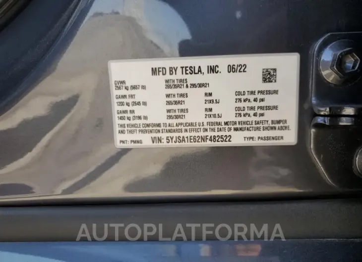 TESLA MODEL S 2022 vin 5YJSA1E62NF482522 from auto auction Copart