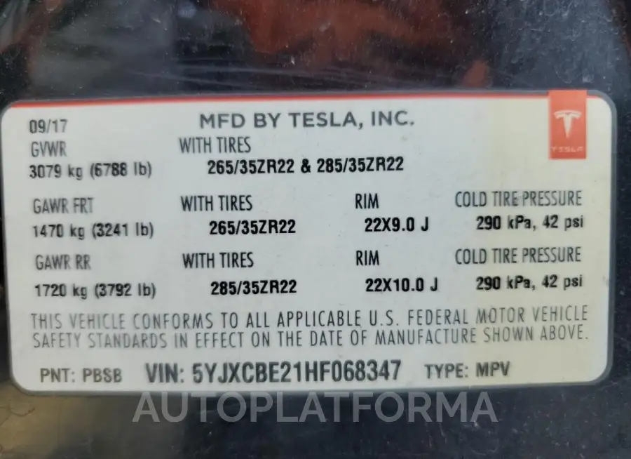 TESLA MODEL X 2017 vin 5YJXCBE21HF068347 from auto auction Copart