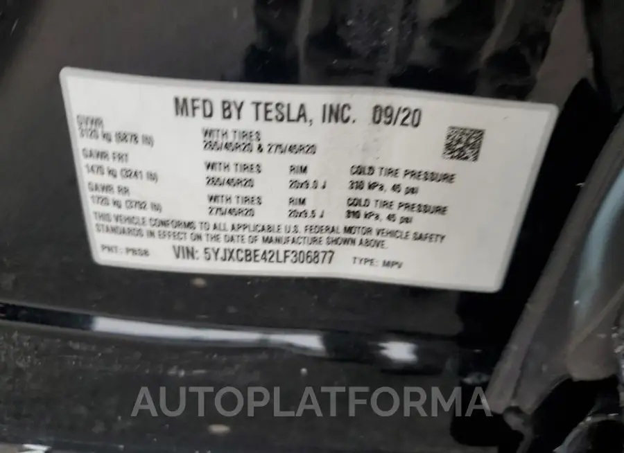 TESLA MODEL X 2020 vin 5YJXCBE42LF306877 from auto auction Copart