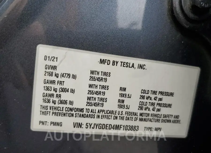 TESLA MODEL Y 2021 vin 5YJYGDED4MF103883 from auto auction Copart