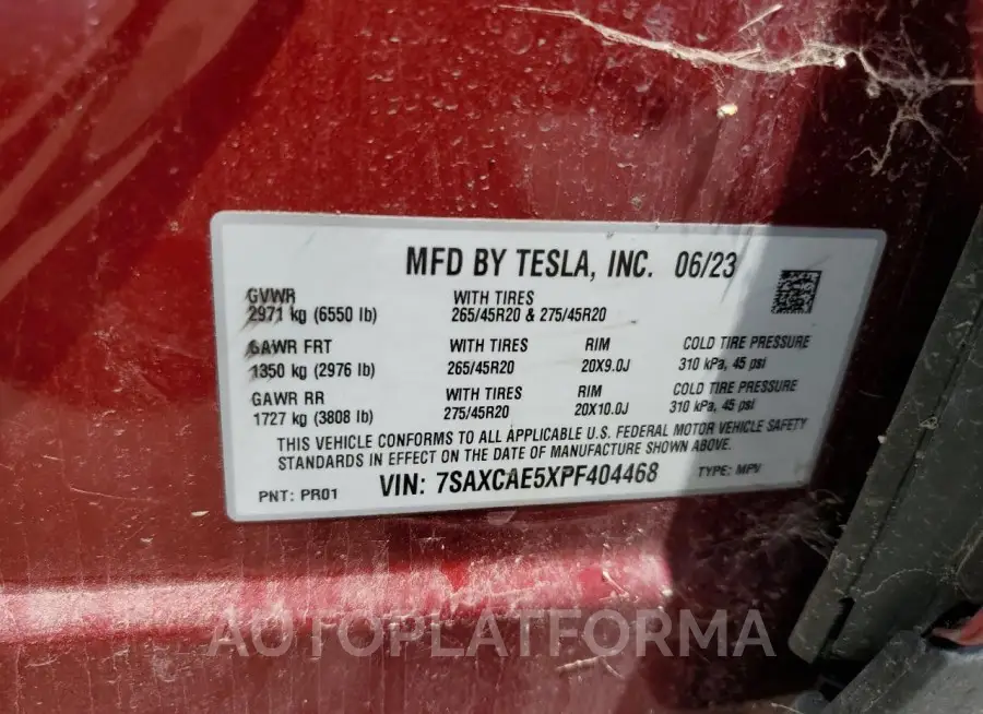 TESLA MODEL X 2023 vin 7SAXCAE5XPF404468 from auto auction Copart