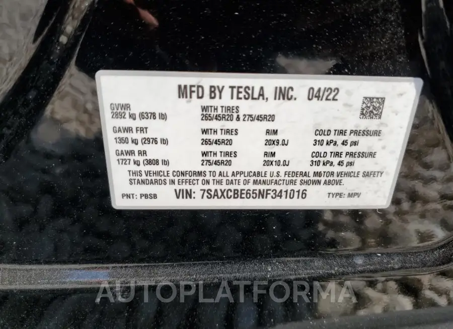 TESLA MODEL X 2022 vin 7SAXCBE65NF341016 from auto auction Copart