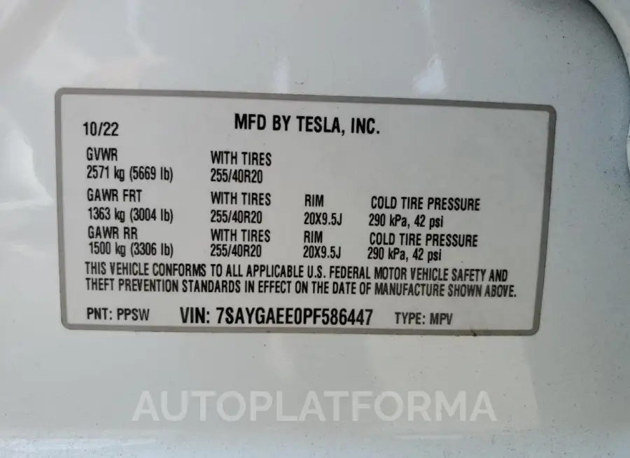 TESLA MODEL Y 2023 vin 7SAYGAEE0PF586447 from auto auction Copart