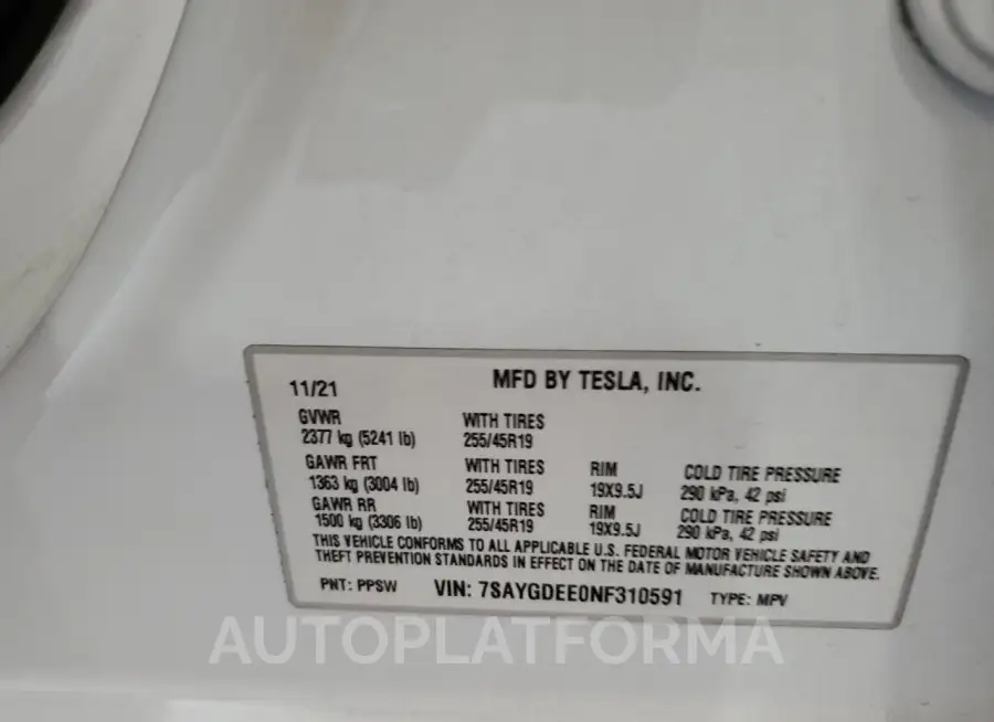 TESLA MODEL Y 2022 vin 7SAYGDEE0NF310591 from auto auction Copart