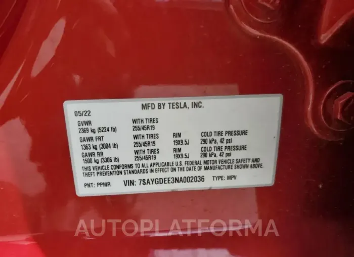 TESLA MODEL Y 2022 vin 7SAYGDEE3NA002036 from auto auction Copart