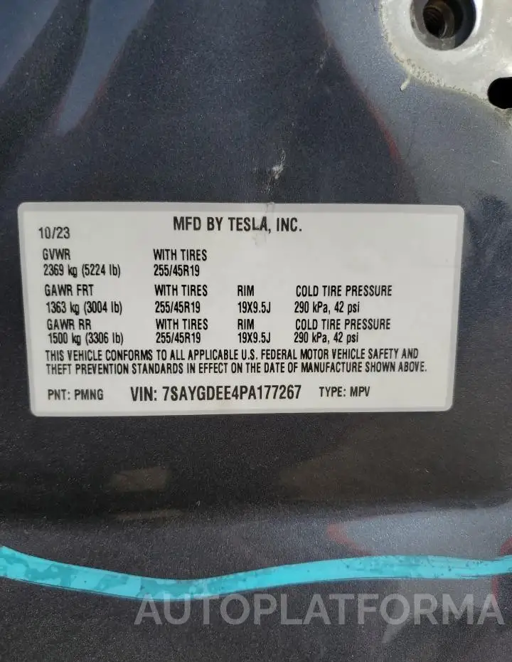 TESLA MODEL Y 2023 vin 7SAYGDEE4PA177267 from auto auction Copart