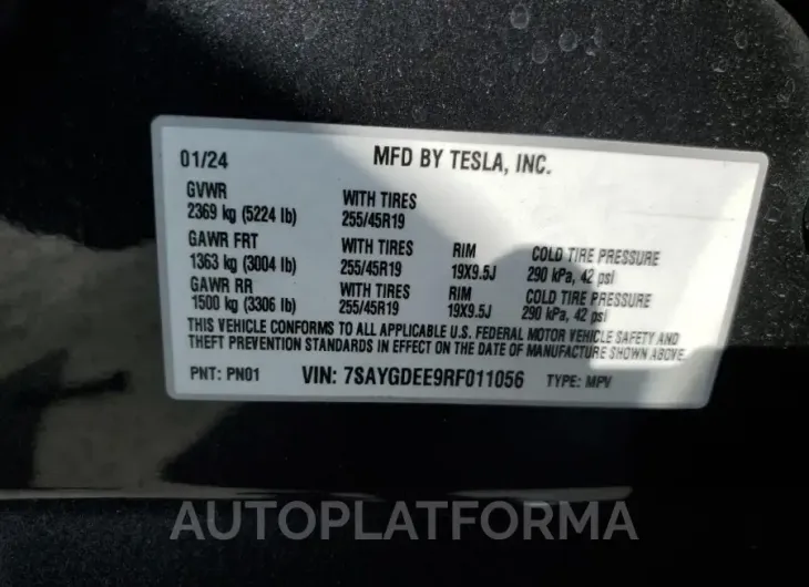 TESLA MODEL Y 2024 vin 7SAYGDEE9RF011056 from auto auction Copart