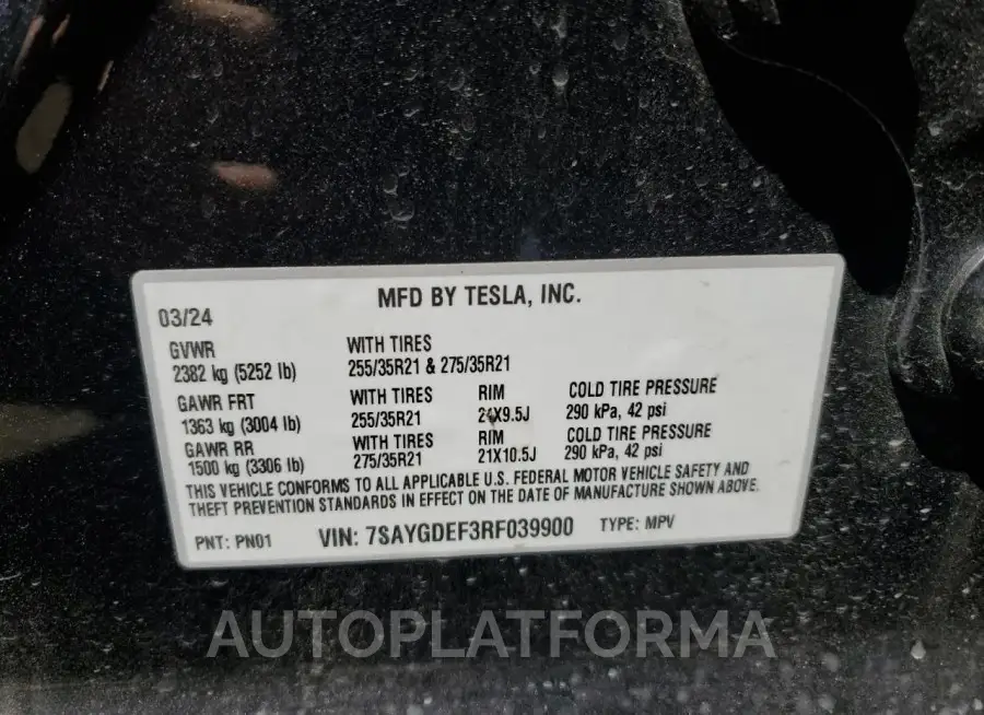 TESLA MODEL Y 2024 vin 7SAYGDEF3RF039900 from auto auction Copart