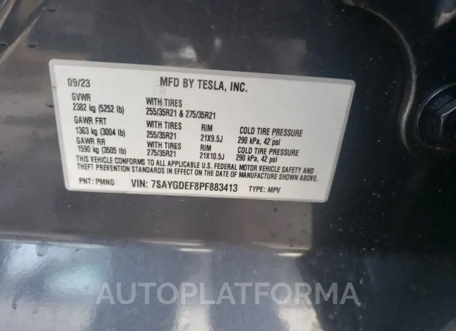 TESLA MODEL Y 2023 vin 7SAYGDEF8PF883413 from auto auction Copart