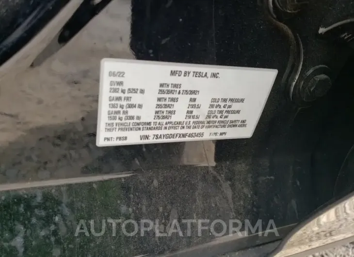 TESLA MODEL Y 2022 vin 7SAYGDEFXNF463455 from auto auction Copart