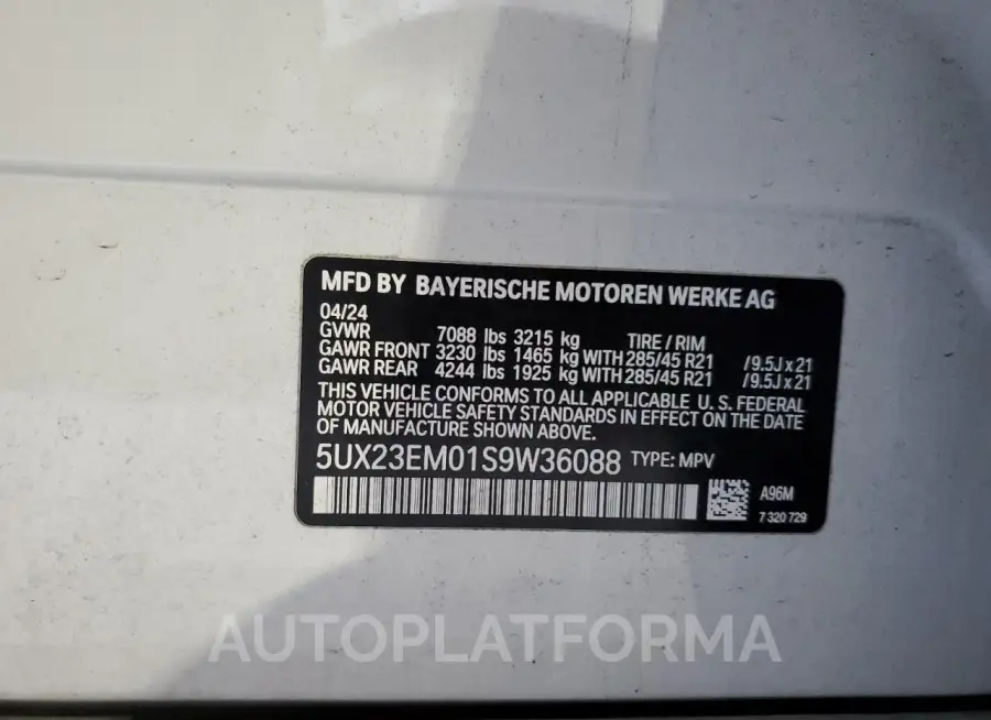 BMW X7 XDRIVE4 2025 vin 5UX23EM01S9W36088 from auto auction Copart