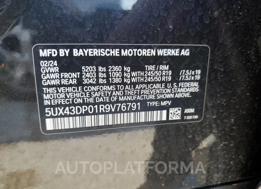 BMW X3 SDRIVE3 2024 vin 5UX43DP01R9V76791 from auto auction Copart