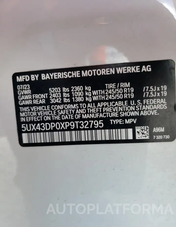 BMW X3 SDRIVE3 2023 vin 5UX43DP0XP9T32795 from auto auction Copart