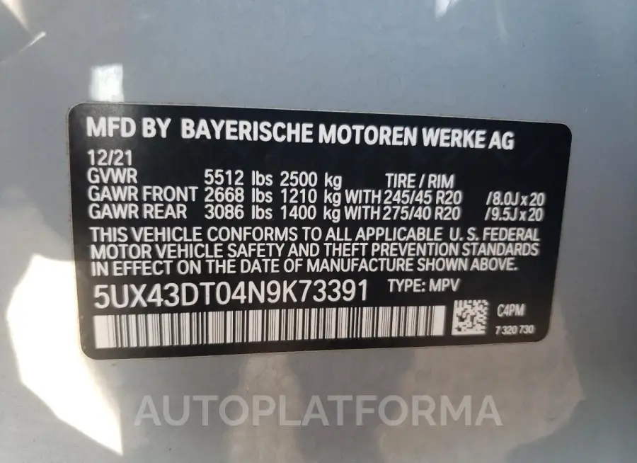 BMW X4 M40I 2022 vin 5UX43DT04N9K73391 from auto auction Copart