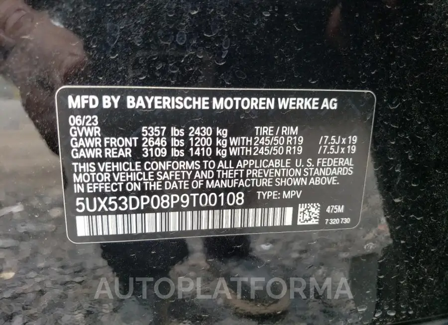 BMW X3 XDRIVE3 2023 vin 5UX53DP08P9T00108 from auto auction Copart