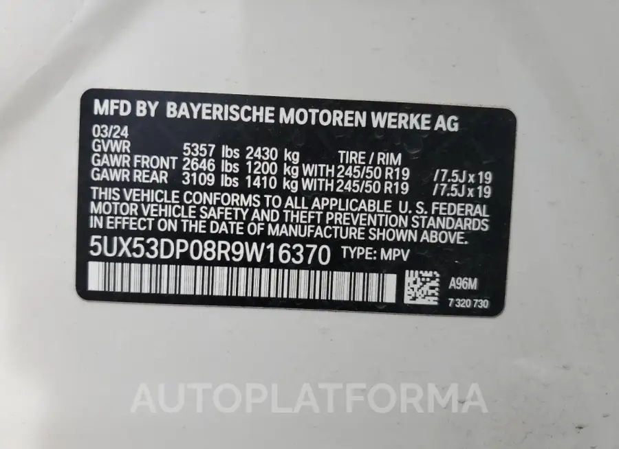 BMW X3 XDRIVE3 2024 vin 5UX53DP08R9W16370 from auto auction Copart