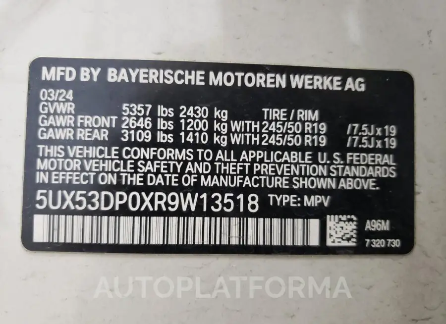 BMW X3 XDRIVE3 2024 vin 5UX53DP0XR9W13518 from auto auction Copart