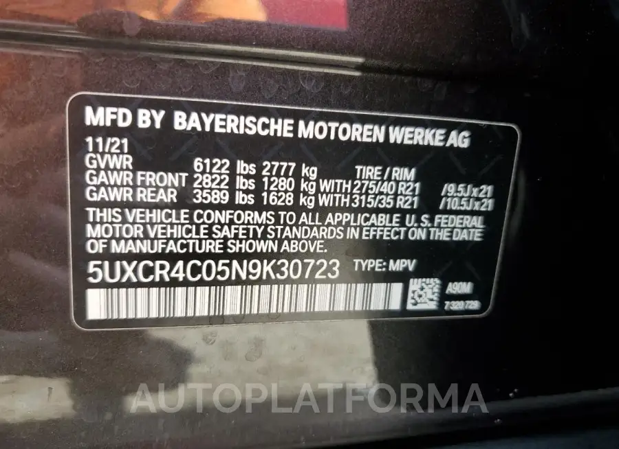 BMW X5 SDRIVE 2022 vin 5UXCR4C05N9K30723 from auto auction Copart