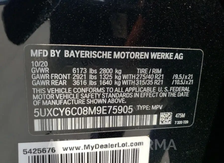 BMW X6 XDRIVE4 2021 vin 5UXCY6C08M9E75905 from auto auction Copart