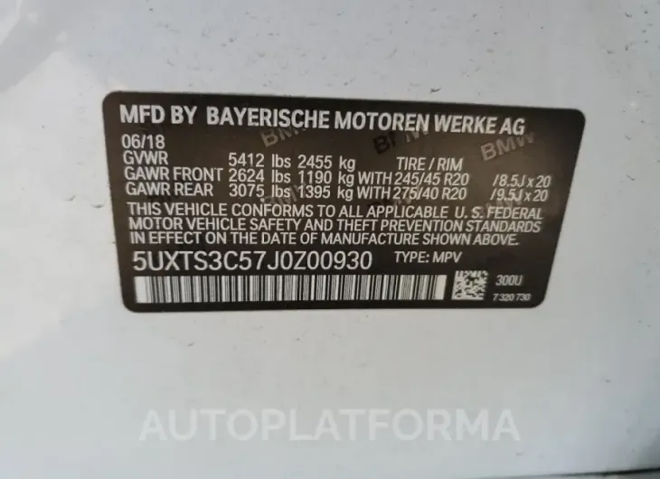 BMW X3 XDRIVEM 2018 vin 5UXTS3C57J0Z00930 from auto auction Copart