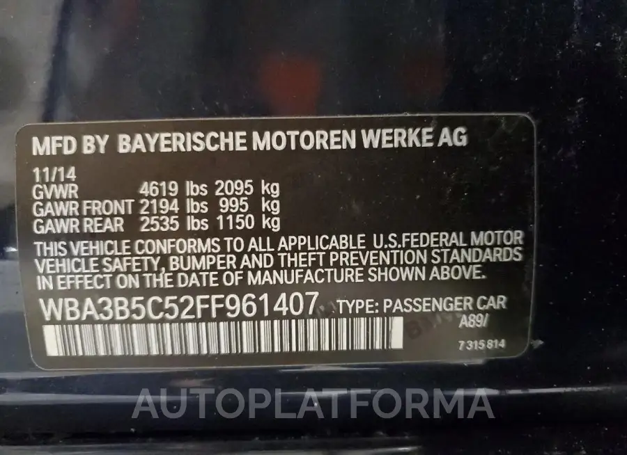 BMW 328 XI SUL 2015 vin WBA3B5C52FF961407 from auto auction Copart