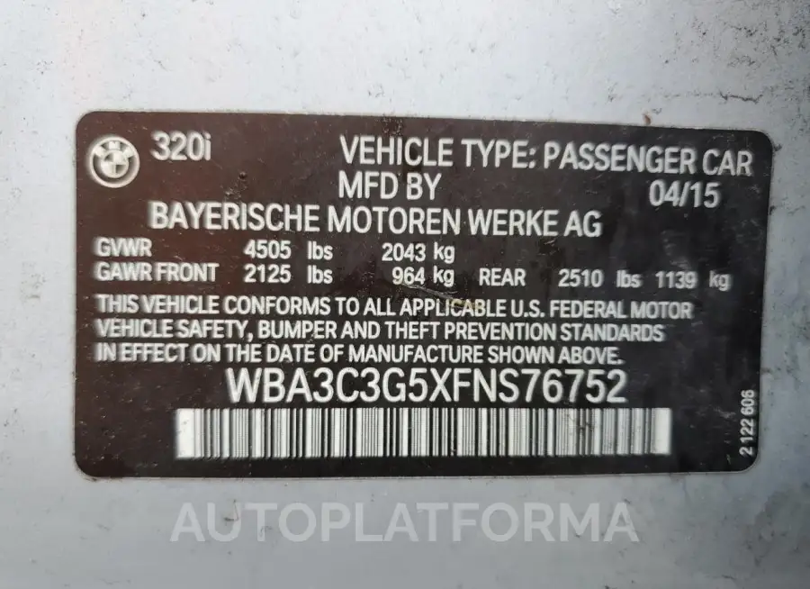 BMW 320 I XDRI 2015 vin WBA3C3G5XFNS76752 from auto auction Copart