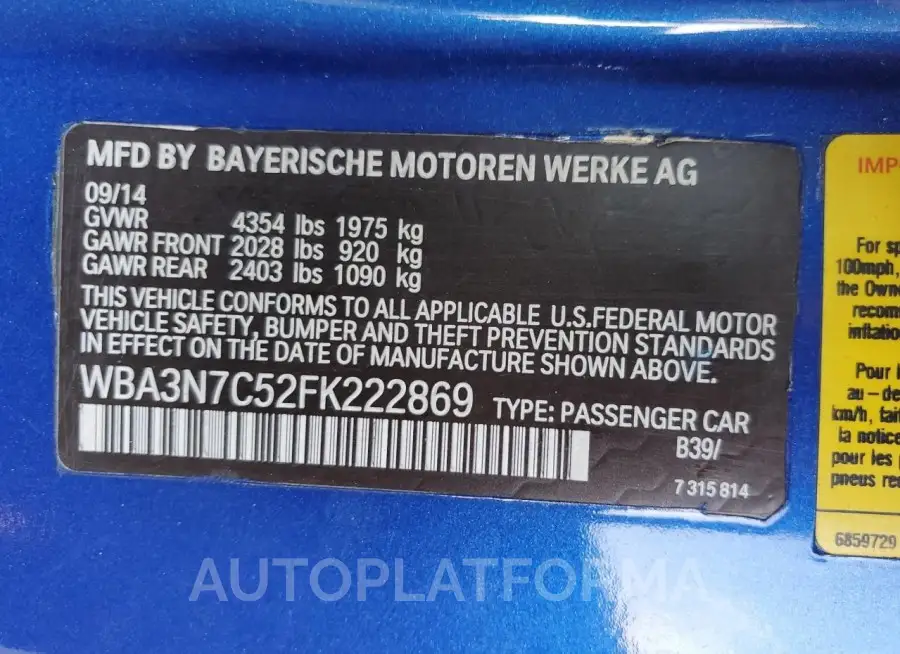 BMW 428 I 2015 vin WBA3N7C52FK222869 from auto auction Copart