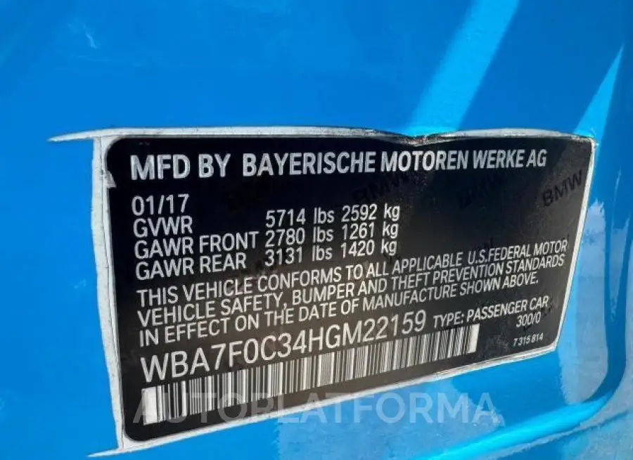 BMW 750 I 2017 vin WBA7F0C34HGM22159 from auto auction Copart