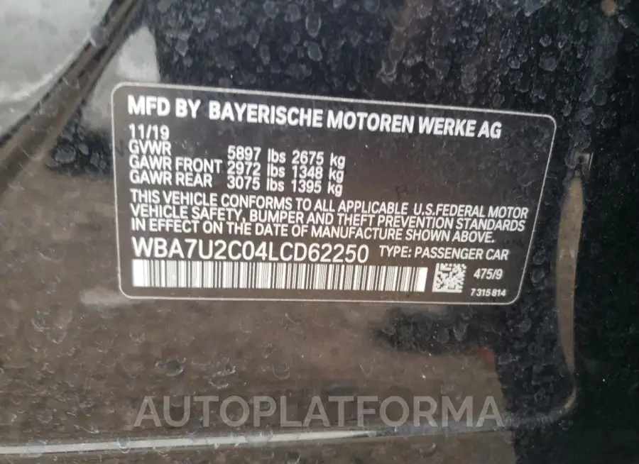 BMW 750 XI 2020 vin WBA7U2C04LCD62250 from auto auction Copart