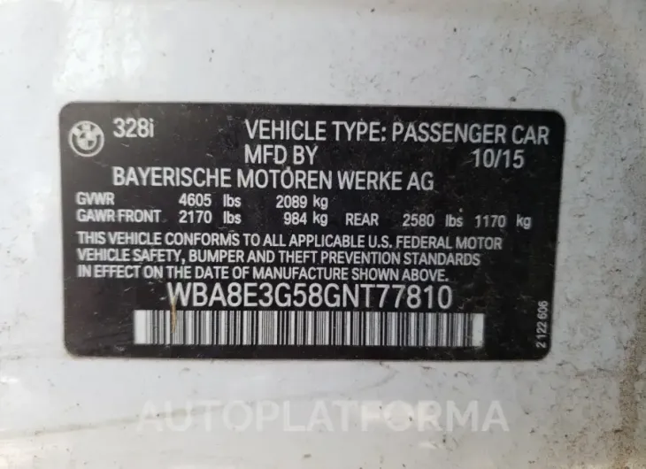 BMW 328 XI SUL 2016 vin WBA8E3G58GNT77810 from auto auction Copart