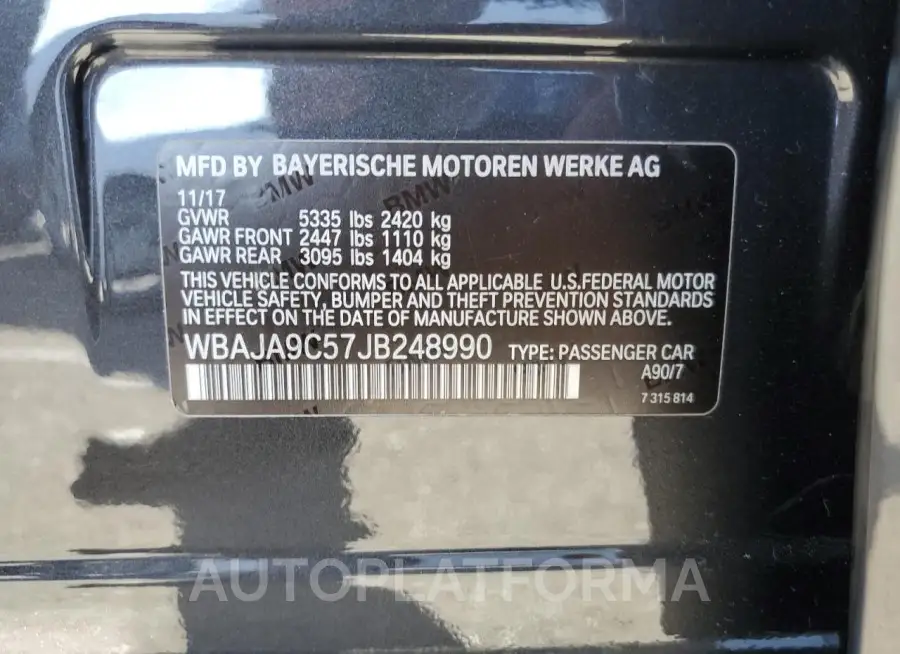 BMW 530E 2018 vin WBAJA9C57JB248990 from auto auction Copart