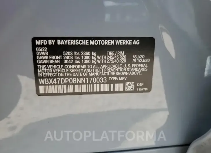 BMW X3 SDRIVE3 2022 vin WBX47DP08NN170033 from auto auction Copart