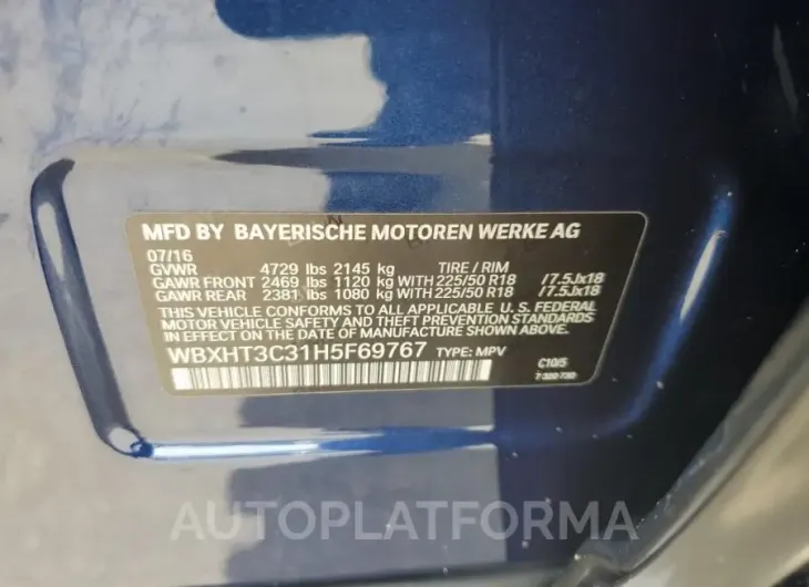 BMW X1 XDRIVE2 2017 vin WBXHT3C31H5F69767 from auto auction Copart