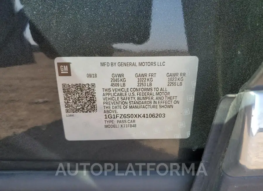 CHEVROLET BOLT EV PR 2019 vin 1G1FZ6S0XK4106203 from auto auction Copart