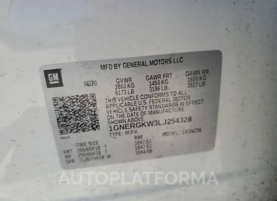 CHEVROLET TRAVERSE L 2020 vin 1GNERGKW3LJ254328 from auto auction Copart