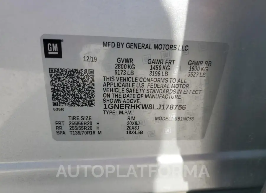 CHEVROLET TRAVERSE L 2020 vin 1GNERHKW8LJ178756 from auto auction Copart