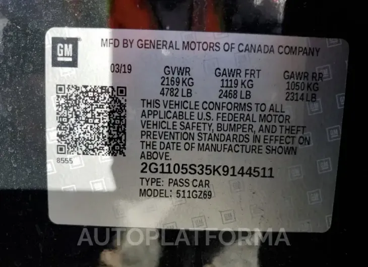 CHEVROLET IMPALA PRE 2019 vin 2G1105S35K9144511 from auto auction Copart