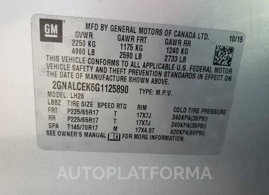 CHEVROLET EQUINOX LT 2016 vin 2GNALCEK6G1125890 from auto auction Copart