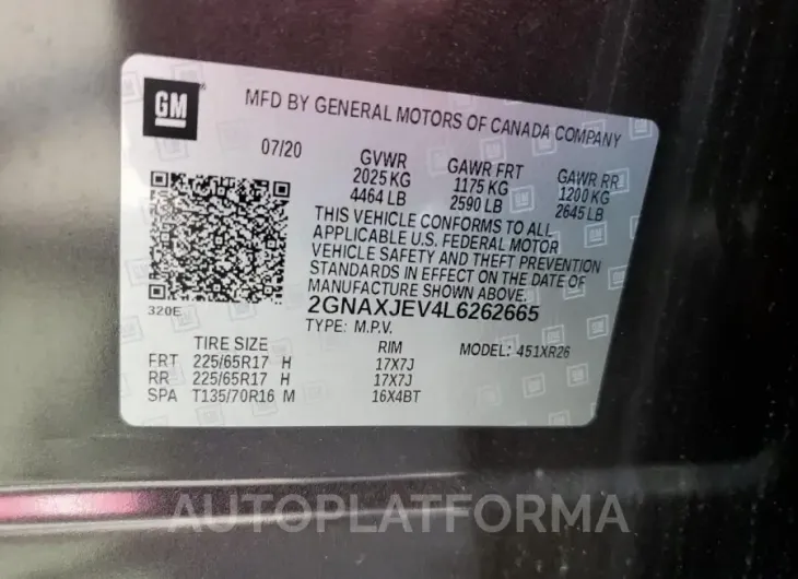 CHEVROLET EQUINOX LT 2020 vin 2GNAXJEV4L6262665 from auto auction Copart