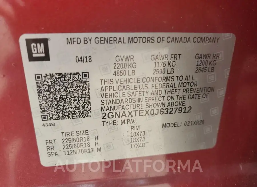 CHEVROLET EQUINOX LT 2018 vin 2GNAXTEX0J6327912 from auto auction Copart