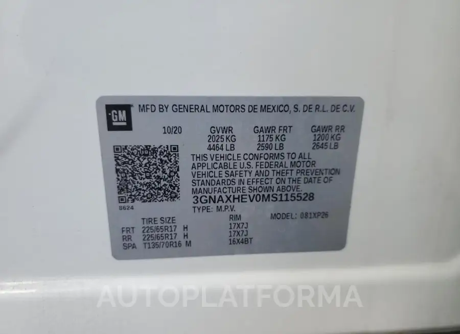 CHEVROLET EQUINOX LS 2021 vin 3GNAXHEV0MS115528 from auto auction Copart