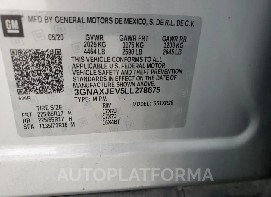 CHEVROLET EQUINOX LT 2020 vin 3GNAXJEV5LL278675 from auto auction Copart