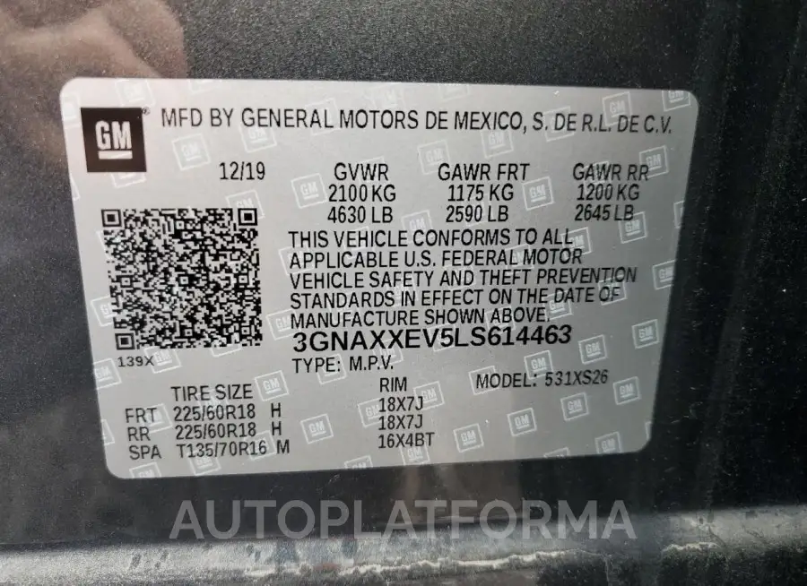 CHEVROLET EQUINOX PR 2020 vin 3GNAXXEV5LS614463 from auto auction Copart