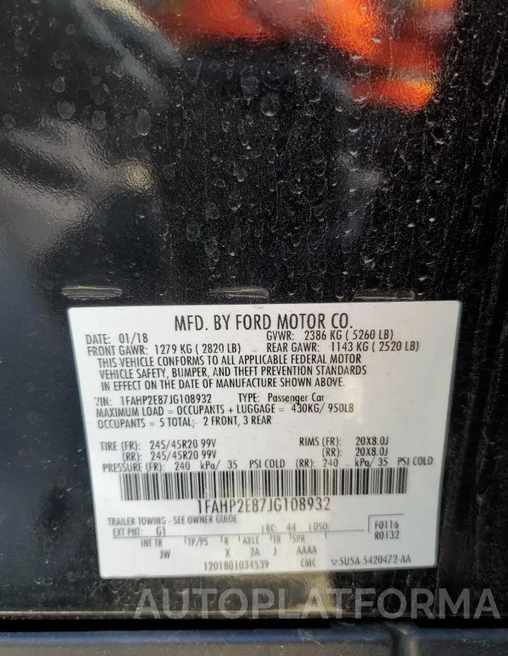 FORD TAURUS SEL 2018 vin 1FAHP2E87JG108932 from auto auction Copart