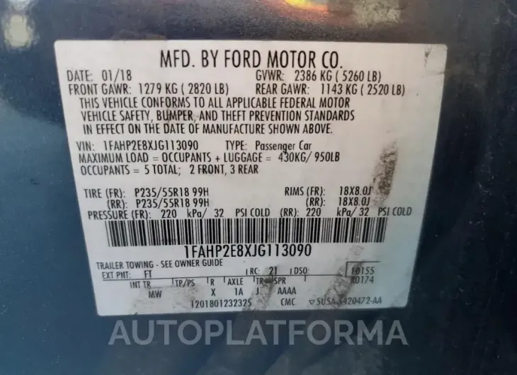 FORD TAURUS 2018 vin 1FAHP2E8XJG113090 from auto auction Copart