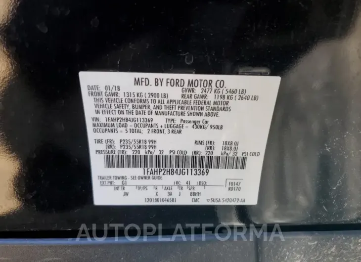 FORD TAURUS SEL 2018 vin 1FAHP2H84JG113369 from auto auction Copart