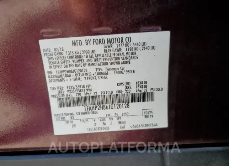 FORD TAURUS SEL 2018 vin 1FAHP2H86JG120128 from auto auction Copart