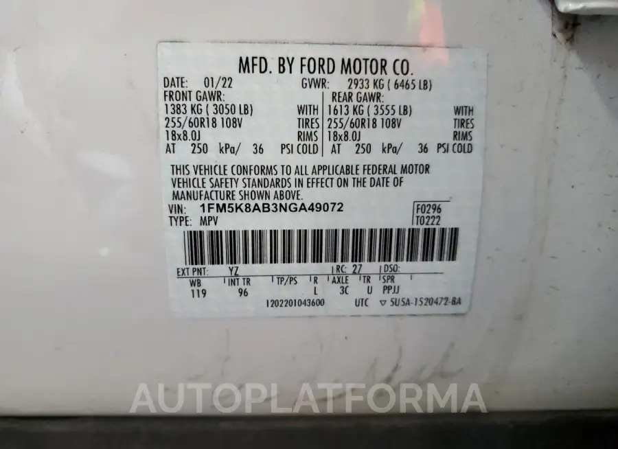 FORD EXPLORER P 2022 vin 1FM5K8AB3NGA49072 from auto auction Copart