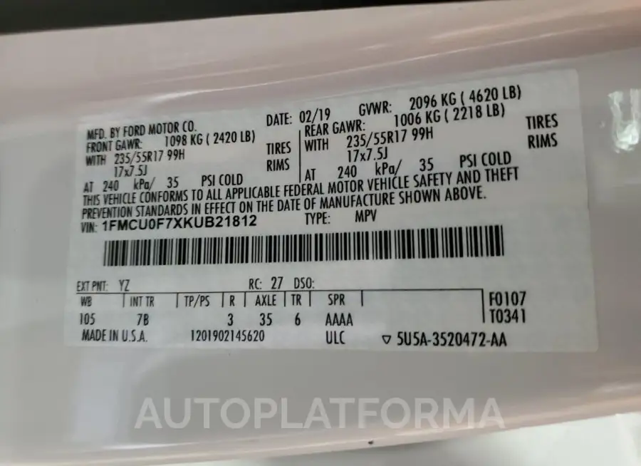 FORD ESCAPE S 2019 vin 1FMCU0F7XKUB21812 from auto auction Copart