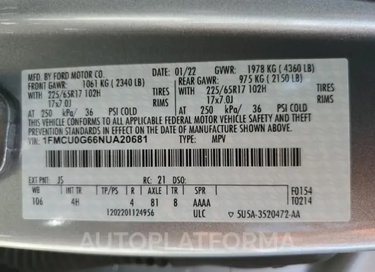 FORD ESCAPE SE 2022 vin 1FMCU0G66NUA20681 from auto auction Copart